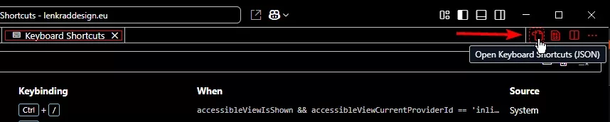 Иконка для открытия файла keybindings.json